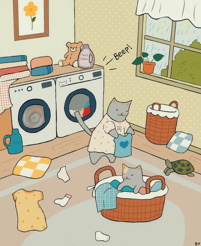 Cozy cat illustrations showing a cat doing laundry with subtle humor in a warm, homey setting.
