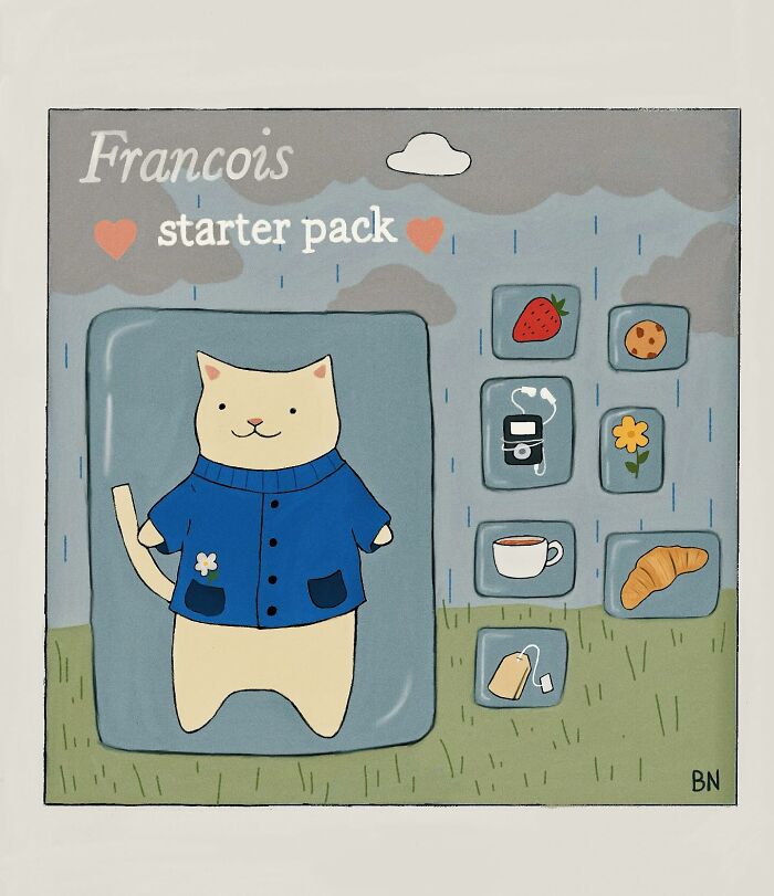 Illustration of a wholesome cat in a blue sweater with cozy vibes and subtle humor starter pack icons around.