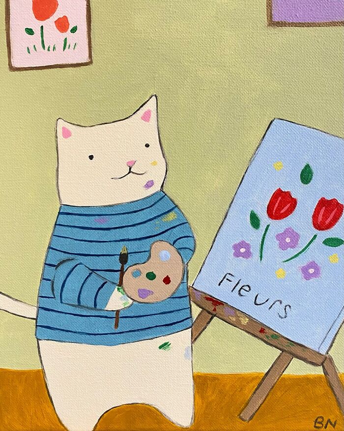 Wholesome cat illustration showing a cozy cat painting flowers with subtle humor and cozy vibes.