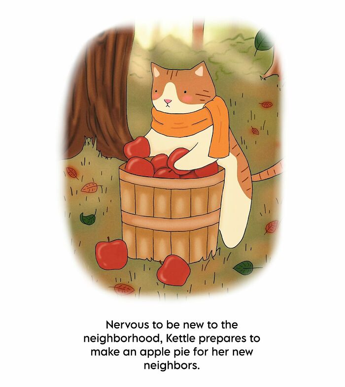 Cat illustration showing a cozy cat with a scarf picking apples, full of subtle humor and warm vibes.