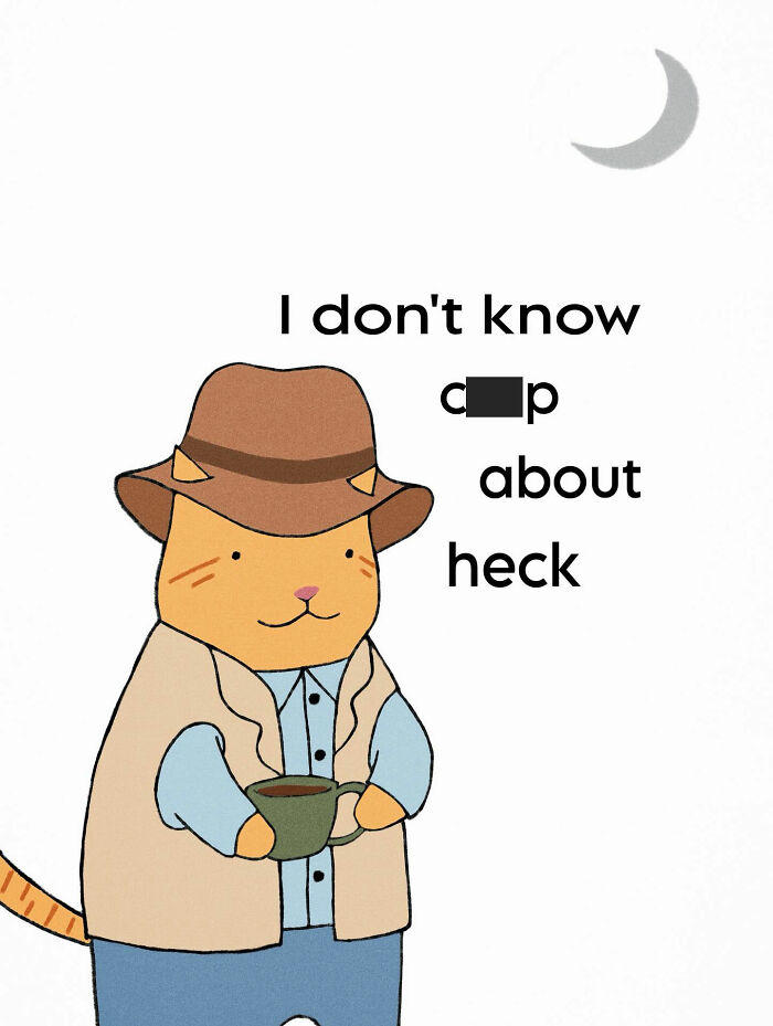 Wholesome cat illustration featuring a cozy cat wearing a hat and holding a cup with subtle humor.