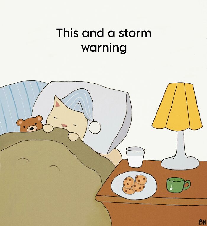 Cozy cat illustration showing a sleeping cat with a nightcap and teddy bear beside cookies and tea on a table.