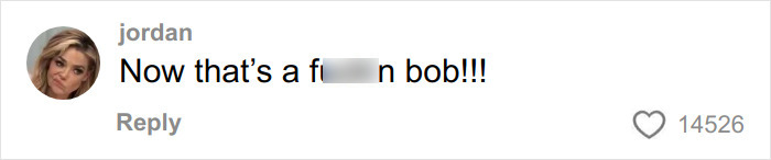 Comment from user Jordan with a blurred expletive praising a hairstyle, showing high engagement with over 14,000 likes. Comment from user Jordan with a blurred expletive praising a hairstyle, showing high engagement with over 14,000 likes.