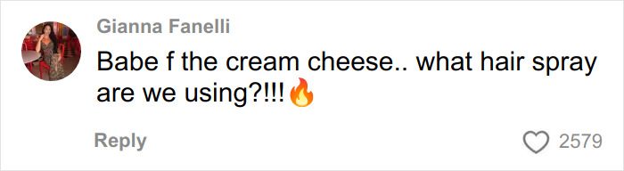 Social media comment from a woman mentioning cream cheese and hair spray, sparking internet buzz and reactions. Social media comment from a woman mentioning cream cheese and hair spray, sparking internet buzz and reactions.