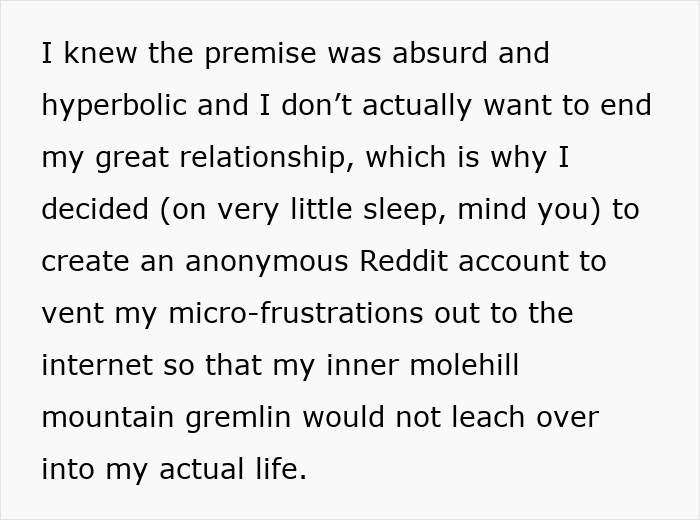 Text excerpt from an anonymous Reddit post describing frustrations with a man's lovey-dovey morning ritual.