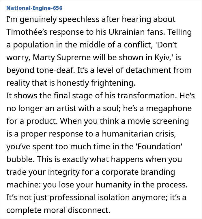 Alt text: Timoth&eacute;e Chalamet's tone deaf message to Ukrainian fans sparks massive backlash and criticism online.