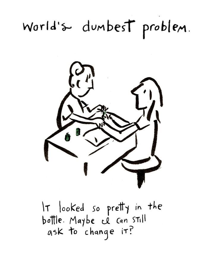 Black and white comic by Dana Jeri Maier showing a person frustrated with nail polish color during a manicure.
