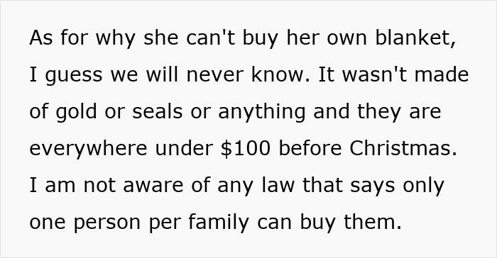 Screenshot of a paragraph about a heated blanket gift dispute, sister upset when mom ends up with the heated blanket Screenshot of a paragraph about a heated blanket gift dispute, sister upset when mom ends up with the heated blanket