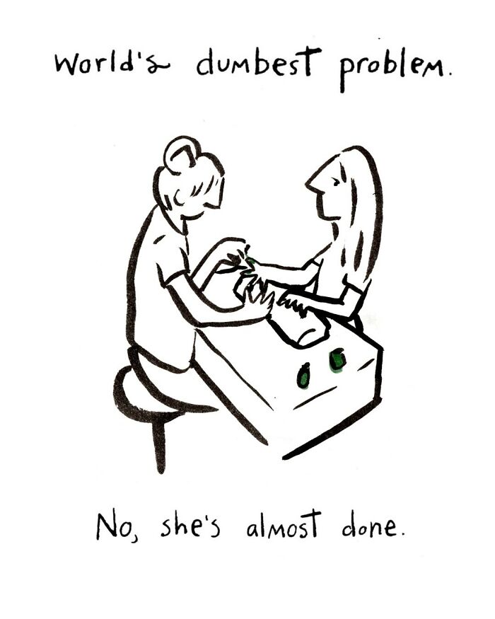 Black and white comic by Dana Jeri Maier showing a person frustrated with nail polish color during a manicure.