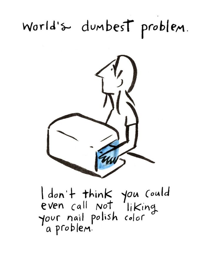 Black and white comic by Dana Jeri Maier showing a person frustrated with nail polish color during a manicure.