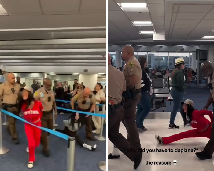 Law enforcement escorting adult stars during first-class seat refusal incident at an airport terminal.