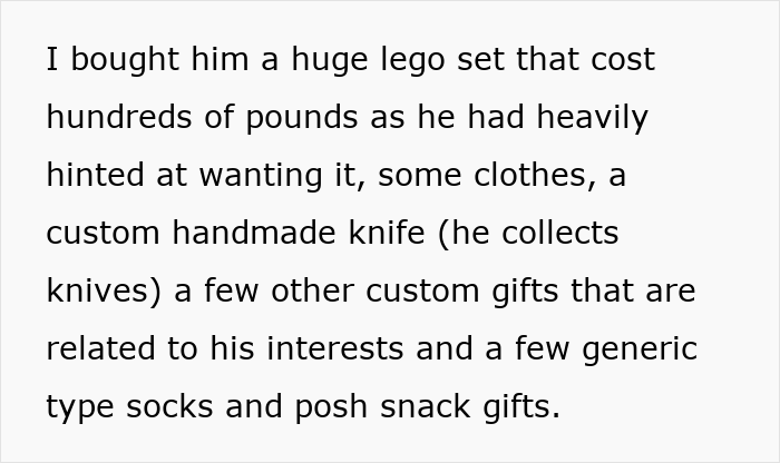 Text excerpt describing a woman listing gifts she bought for her husband, highlighting ungrateful feelings and gift issues.