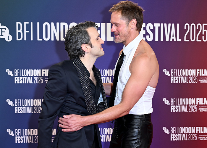 Alexander Skarsg&aring;rd embraces a man at BFI London Film Festival 2025, breaking his silence on orientation comments.