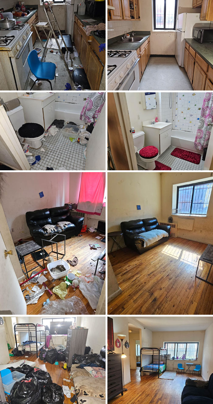 Amazing photos of apartment before-and-after cleanup showing messy kitchen, bathroom, and living room transformations