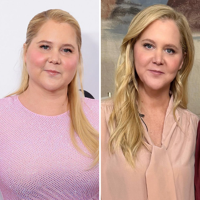 Amy Schumer posing in two side-by-side portraits, showcasing her expressions amid divorce and bikini photo backlash.