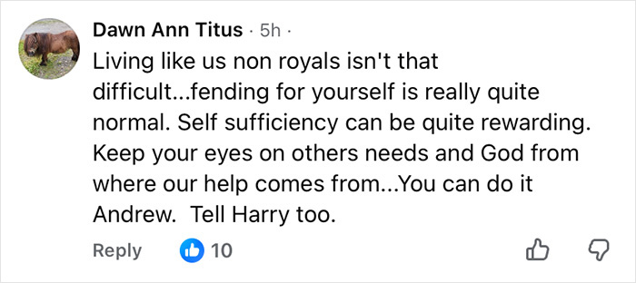 Comment on Prince Andrew moving to a new country, discussing self-sufficiency and supporting non-royals' lifestyle.