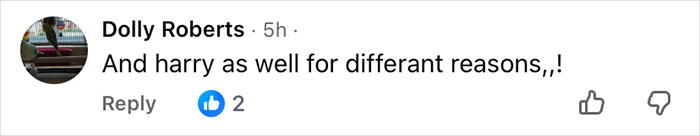 Screenshot of a social media comment by Dolly Roberts discussing Prince Andrew and possible reasons for eviction.