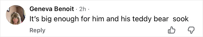 Text message from Geneva Benoit saying it is big enough for him and his teddy bear after Prince Andrew eviction discussion.