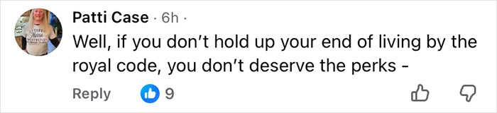User Patti Case commenting about royal code, discussing Prince Andrew and the country he may move to after eviction.