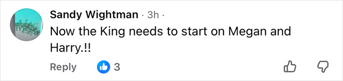 Facebook comment by Sandy Wightman discussing the King and mentioning Megan and Harry in a casual tone.