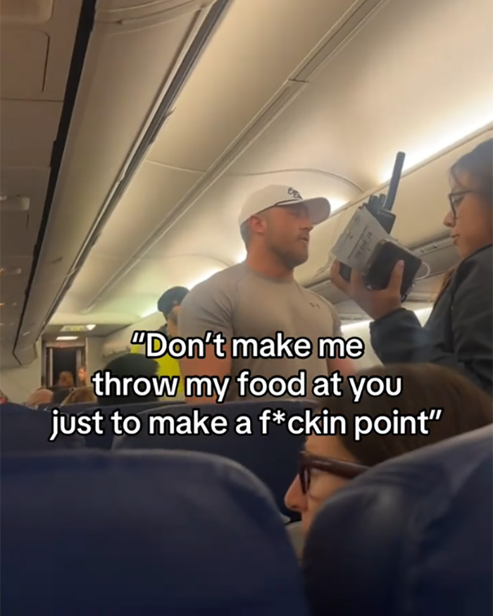 Bodybuilder removed from flight after erupting in fury at elderly passenger, causing disruption onboard the airplane.