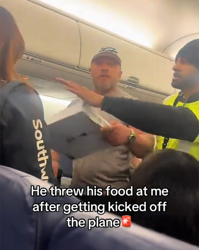 Bodybuilder removed from flight after furious outburst at elderly passenger inside airplane cabin.