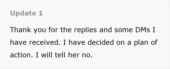 Text update on a screen showing a decision to say no about paying for a hotel to support a roommate&rsquo;s plan.