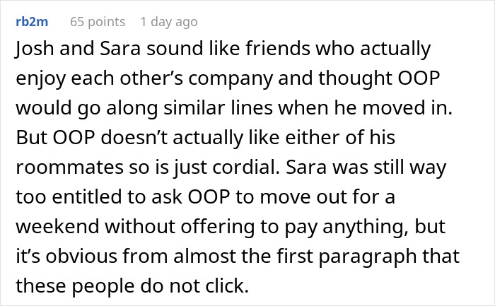 Reddit comment discussing a guy refusing to pay for a hotel to help his roommate lie to her conservative family.