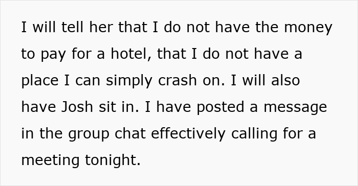 Text about refusing to pay for a hotel while helping a roommate navigate a conservative family situation.