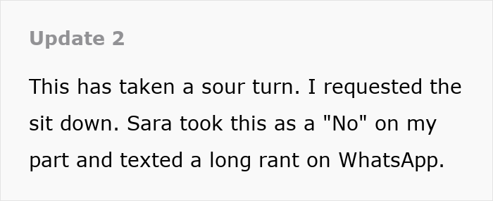 Screenshot of a text update describing a sour turn and a WhatsApp rant about refusing to pay for a hotel.