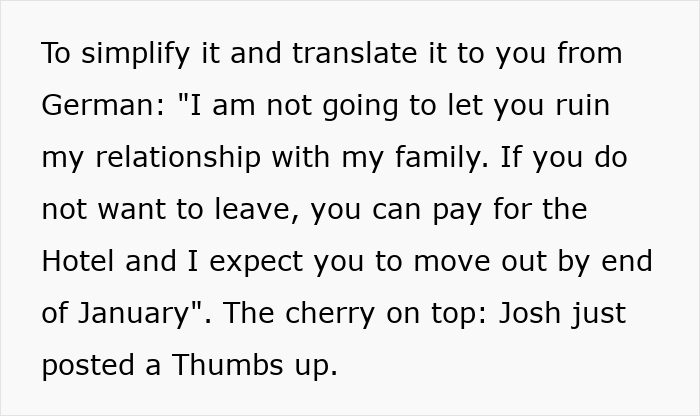 Text about refusing to pay for a hotel to help a roommate lie to her conservative family, with a thumbs-up reaction.