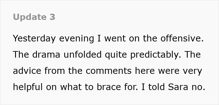 Text update describing a guy refusing to pay for a hotel to help his roommate lie to her conservative family.