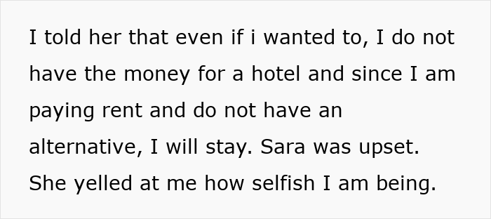 Text showing a guy refusing to pay for a hotel while helping his roommate lie to her conservative family.