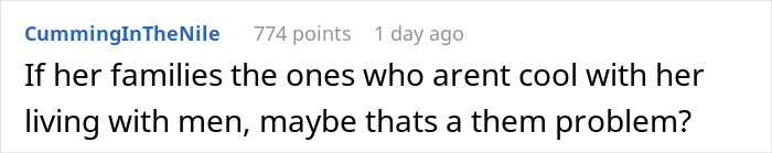 Comment discussing families not accepting women living with men, relating to roommate helping lie to conservative family situation.
