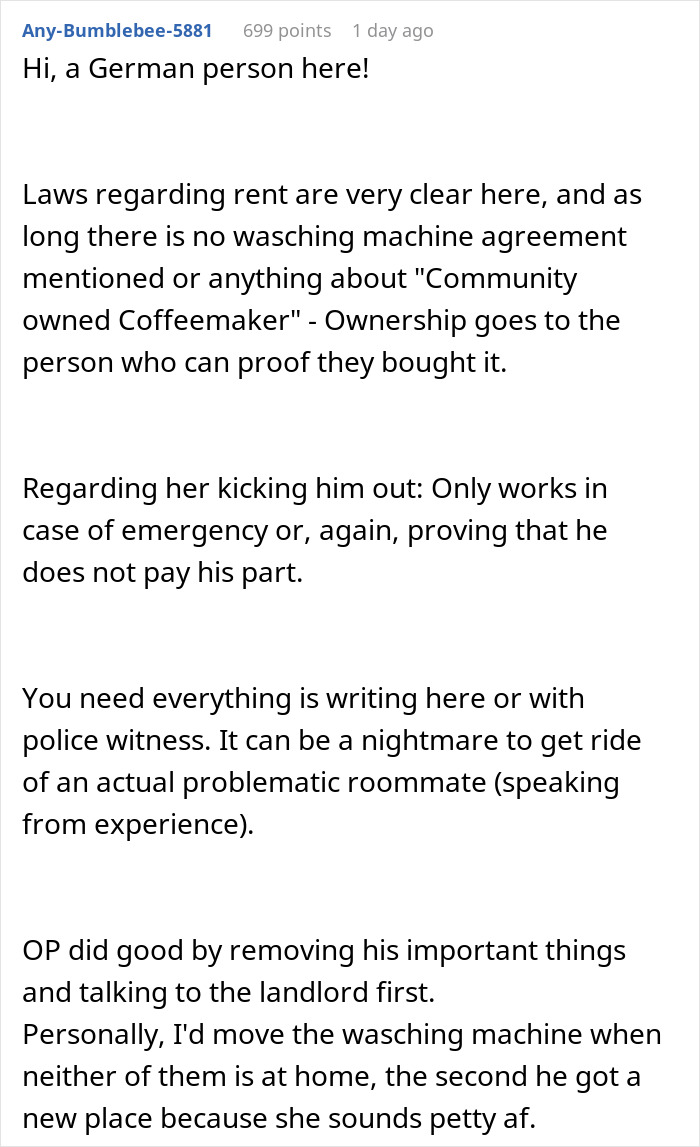 Comment about tenant laws and roommate disputes related to refusing to pay rent and helping with roommate issues.