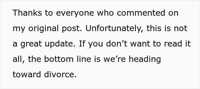 Text on a white background expressing disappointment and heading toward divorce after a paternity test dispute.