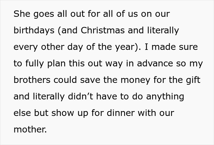 Alt text: Sister takes mom out for birthday dinner after brothers are too broke to pitch in for gift planning.
