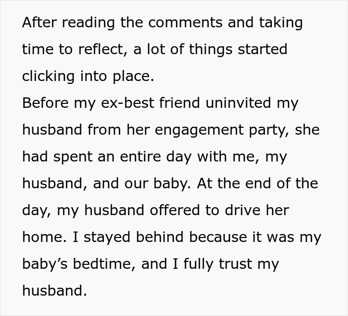 Text excerpt describing a woman reflecting on her husband being uninvited from her ex-best friend&rsquo;s engagement party.