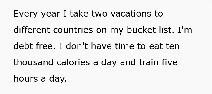 Text on a white background discussing taking vacations, being debt free, and training hours related to a swimmer boyfriend.