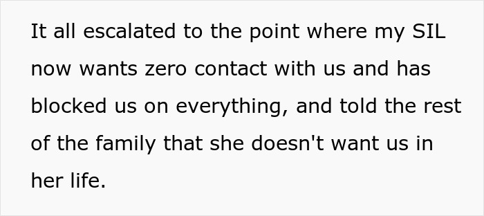 Text excerpt from SIL holding couple hostage at dinner, showing family conflict and blocked contact attempts.
