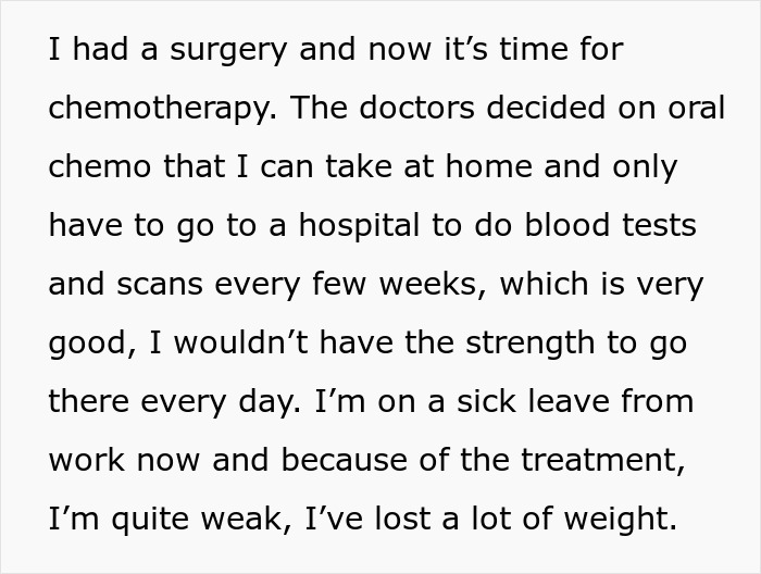 Text describing a man&rsquo;s cancer treatment journey, including surgery, chemotherapy, and its impact on his body and health.