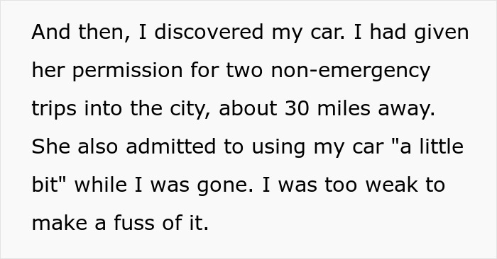 Text excerpt showing a woman discovering her car was driven without permission during surgery recovery. - 14