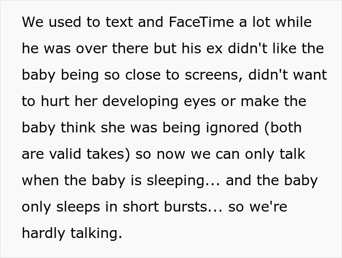 Text discussing challenges of communication with pregnant ex and raising baby while girlfriend leaves the complicated situation.