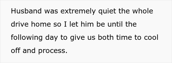 Text on a white background about a husband being extremely quiet during the drive home to process after a mil refuse baby name conflict.