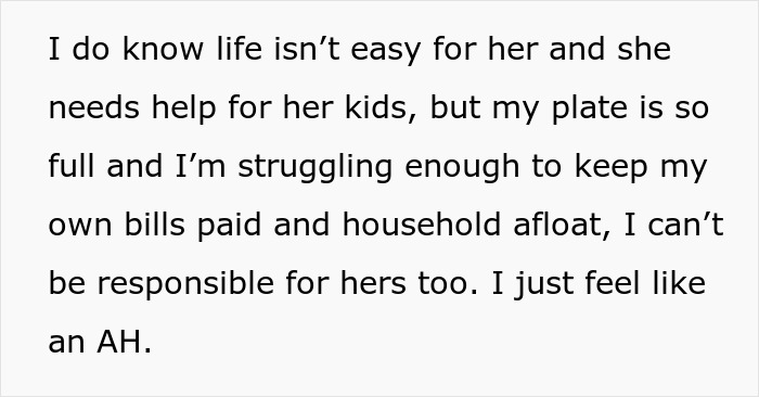 Text showing a woman expressing struggle to help a new friend with kids while managing her own household and bills.