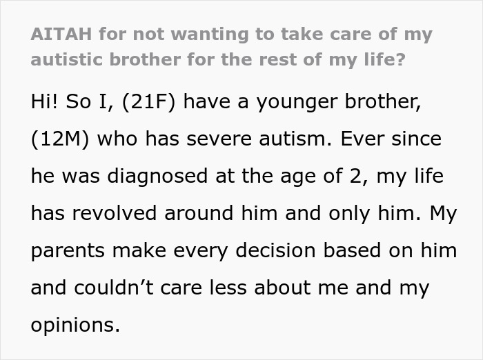 Woman caring for autistic brother, feeling trapped and crushed, balancing love and school responsibilities.