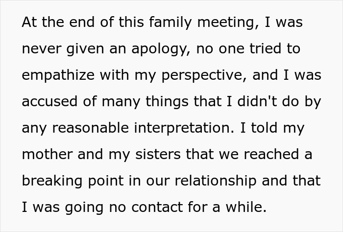 Text excerpt from family meeting where guy explains reaching a breaking point and plans no contact with family.