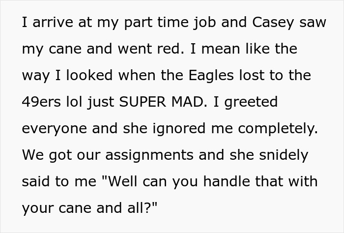 Text excerpt showing coworker reacting negatively at a part-time job, highlighting tension around disability and use of a cane.