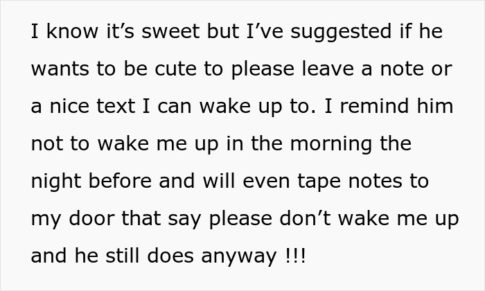Text excerpt showing a girlfriend annoyed by her man's lovey-dovey morning kisses and I love yous despite her requests.