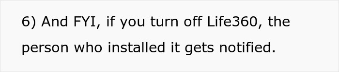Text on a white background stating that turning off Life360 notifies the person who installed the app.